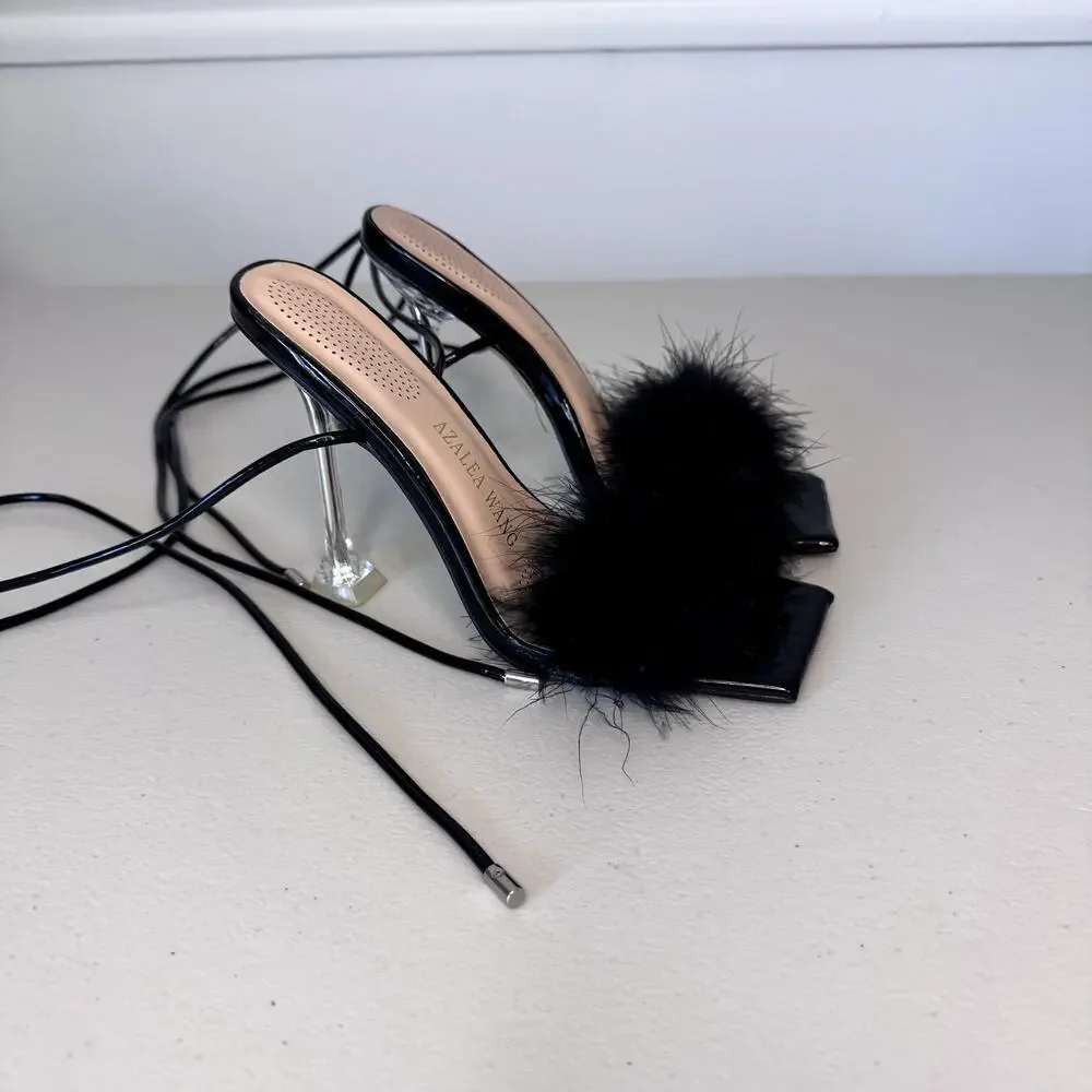 Azalea Wang Warwick Feather Heels Black Women's Size 6.5 EUC - Picture 3 of 5